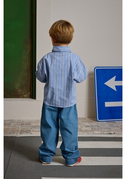 Çizgili Kanguru Cepli Gömlek Mavi fırsatları