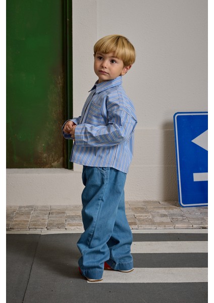 Çizgili Kanguru Cepli Gömlek Mavi indirimleri