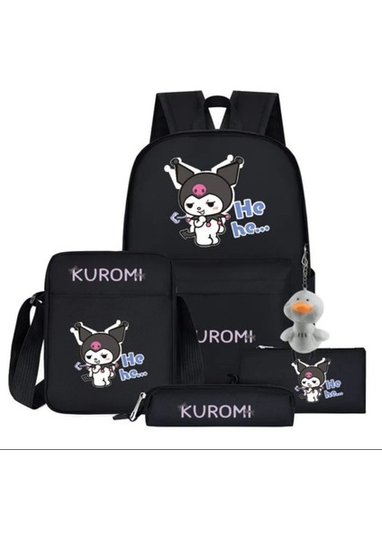 Çocuk Sırt Çantası Seti Kuromi Figürlü-(Sırt Çantası/beslenme Çantası/2 Adet Kalemlik/pelüş Anaht)