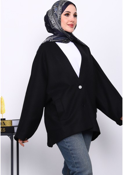 Siyah Düğme Detaylı Astarlı Kaşe Ceket