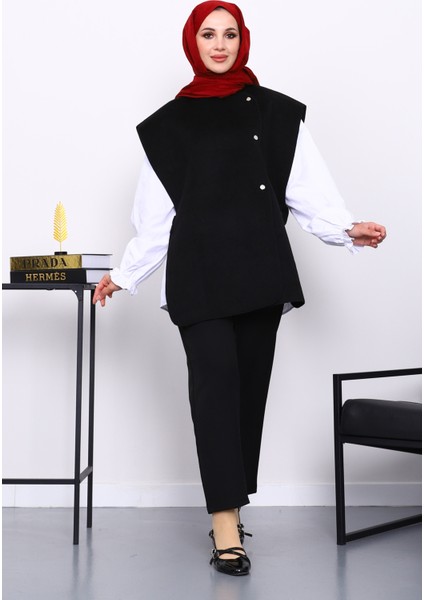 Siyah Çıtçıt Detaylı Kaşe Yelek fiyatları