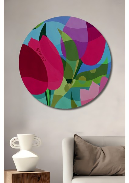 Renkli Lale Bahçesi Sulu Boya Görünümlü Modern Sanat Ahşap Dekoratif Tablo Yuvarlak Tablo