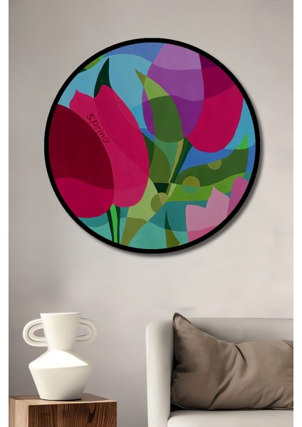 Renkli Lale Bahçesi Sulu Boya Görünümlü Modern Sanat Ahşap Dekoratif Tablo Yuvarlak Tablo fiyatları