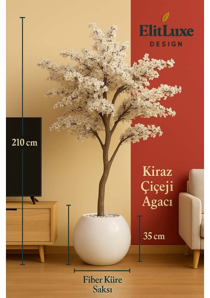 Elitluxe Design 210 cm Kiraz Çiçeği Yapay Ağaç – Yoğun Çiçekli – Fiber Küre Saksı 35X35 – Salon, Ofis ve Kafe Iç Mekân Dekorasyon Bitkisi