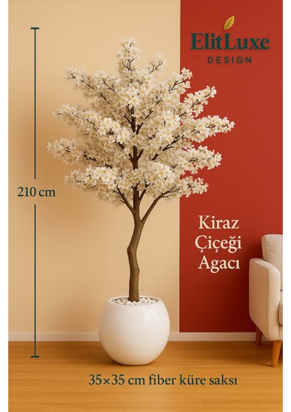 Elitluxe Design 210 cm Kiraz Çiçeği Yapay Ağaç – Yoğun Çiçekli – Fiber Küre Saksı 35X35 – Salon, Ofis ve Kafe Iç Mekân Dekorasyon Bitkisi modelleri