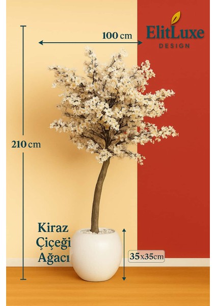 Elitluxe Design 210 cm Kiraz Çiçeği Yapay Ağaç – Yoğun Çiçekli – Fiber Küre Saksı 35X35 – Salon, Ofis ve Kafe Iç Mekân Dekorasyon Bitkisi