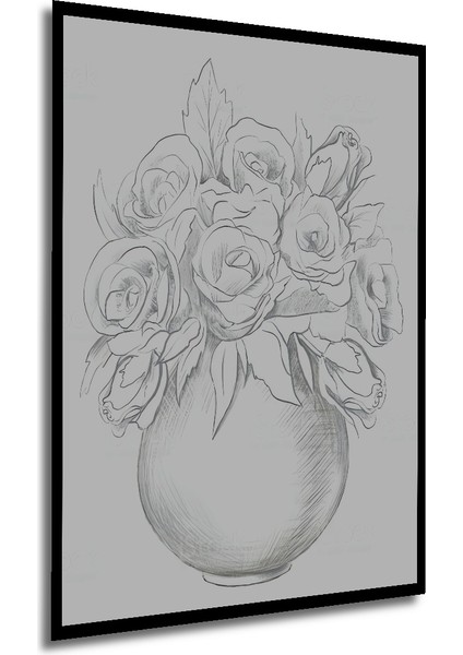 Kara Kalem Görünümlü Ahşap Dekoratif Tablo Beyaz Güllerin Zarafeti Dikdörtgen Tablo