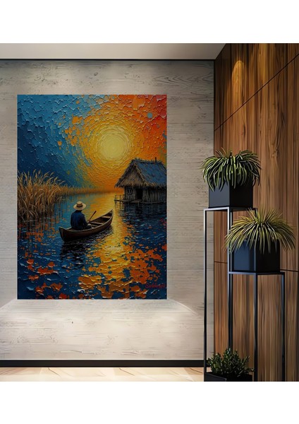 Yağlı Boya Görünümlü Ahşap Dekoratif Tablo Gölde Kayık Keyfi Modern Sanat Dikdörtgen Tablo