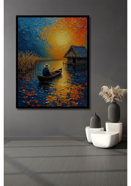 Yağlı Boya Görünümlü Ahşap Dekoratif Tablo Gölde Kayık Keyfi Modern Sanat Dikdörtgen Tablo fiyatları