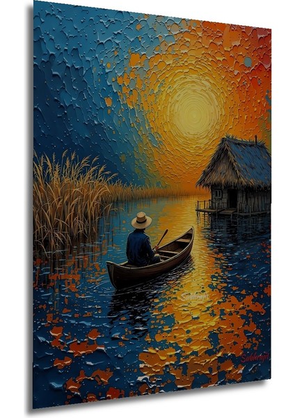 Yağlı Boya Görünümlü Ahşap Dekoratif Tablo Gölde Kayık Keyfi Modern Sanat Dikdörtgen Tablo fırsatları