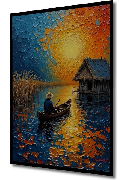 Yağlı Boya Görünümlü Ahşap Dekoratif Tablo Gölde Kayık Keyfi Modern Sanat Dikdörtgen Tablo indirimleri