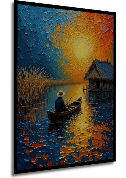 Yağlı Boya Görünümlü Ahşap Dekoratif Tablo Gölde Kayık Keyfi Modern Sanat Dikdörtgen Tablo