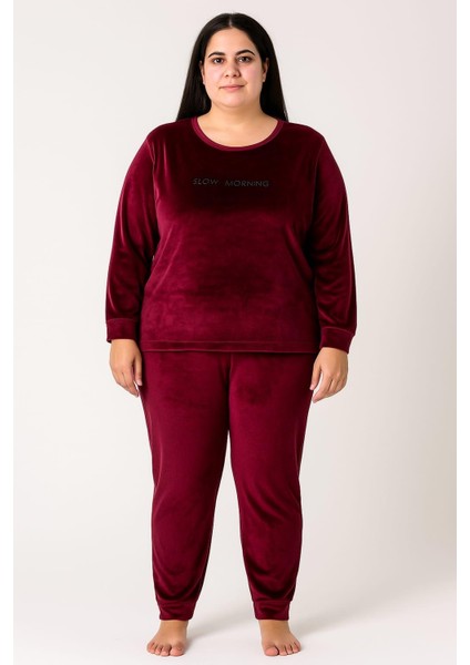 Kadın Büyük Beden 13212 Kadife Pijama Takımı Mürdüm
