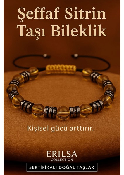 Sertifikalı Şeffaf Bal Sitrin Taşı Bileklik 8x8 mm – Kişisel Güç ve Bereket Taşı