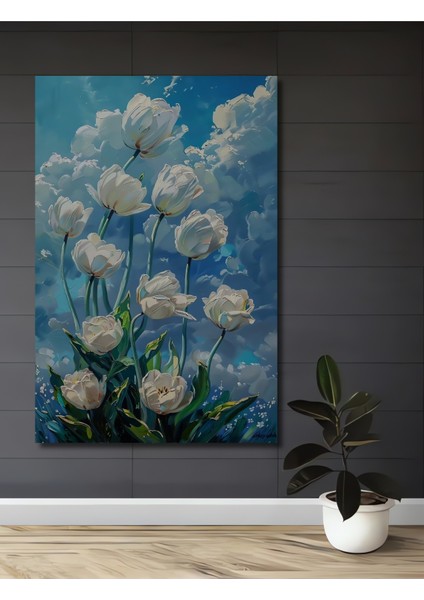 Beyaz Lale Yağlı Boya Görünümlü Ahşap Dekoratif Tablo Dikdörtgen Tablo