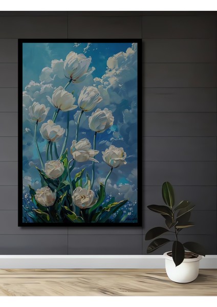 Beyaz Lale Yağlı Boya Görünümlü Ahşap Dekoratif Tablo Dikdörtgen Tablo fiyatları