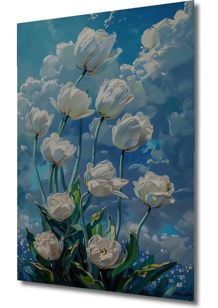 Beyaz Lale Yağlı Boya Görünümlü Ahşap Dekoratif Tablo Dikdörtgen Tablo modelleri