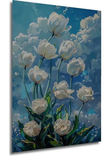 Beyaz Lale Yağlı Boya Görünümlü Ahşap Dekoratif Tablo Dikdörtgen Tablo fırsatları