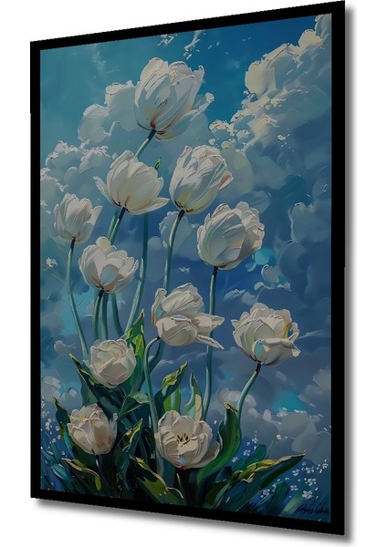 Beyaz Lale Yağlı Boya Görünümlü Ahşap Dekoratif Tablo Dikdörtgen Tablo indirimleri