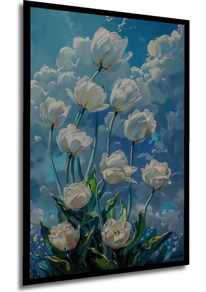Beyaz Lale Yağlı Boya Görünümlü Ahşap Dekoratif Tablo Dikdörtgen Tablo
