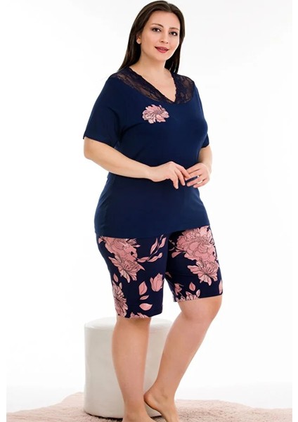 Lady Büyük Beden Viskon Kumaş Dantelli Kısa Kol Şortlu Pijama Takımı