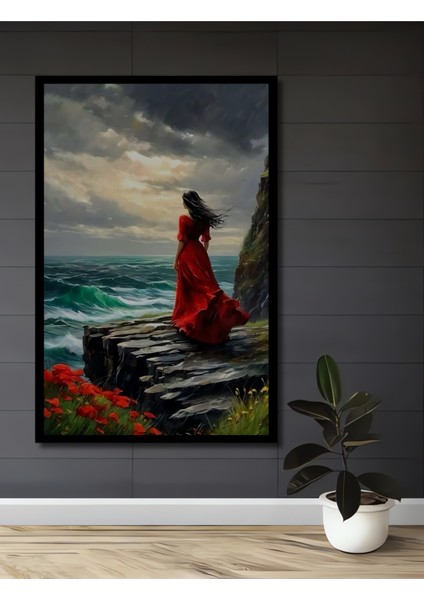 Kızıl Elbiseli Kadın Denize Bakıyor Yağlı Boya Görünümlü Dekoratif Ahşap Tablo Dikdörtgen Tablo fiyatları