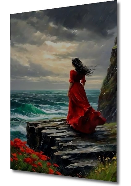 Kızıl Elbiseli Kadın Denize Bakıyor Yağlı Boya Görünümlü Dekoratif Ahşap Tablo Dikdörtgen Tablo modelleri
