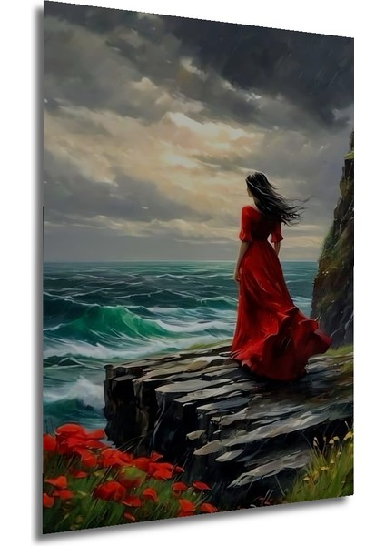 Kızıl Elbiseli Kadın Denize Bakıyor Yağlı Boya Görünümlü Dekoratif Ahşap Tablo Dikdörtgen Tablo fırsatları