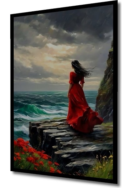 Kızıl Elbiseli Kadın Denize Bakıyor Yağlı Boya Görünümlü Dekoratif Ahşap Tablo Dikdörtgen Tablo indirimleri