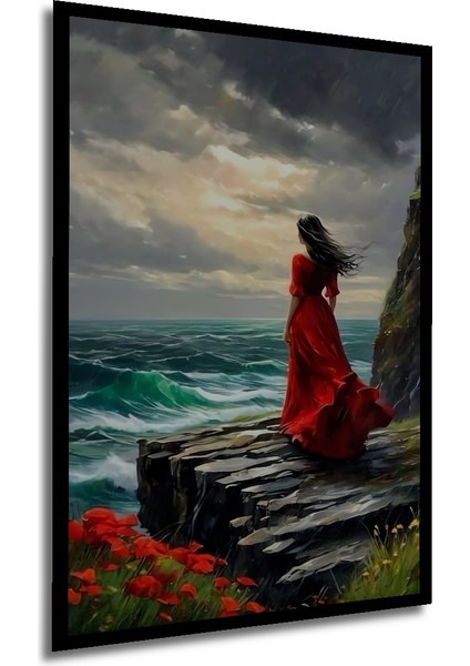 Kızıl Elbiseli Kadın Denize Bakıyor Yağlı Boya Görünümlü Dekoratif Ahşap Tablo Dikdörtgen Tablo