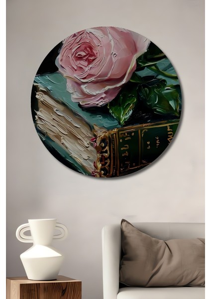 Pembe Gül ve Eski Kitap Yağlı Boya Görünümlü Ahşap Dekoratif Tablo Yuvarlak Tablo