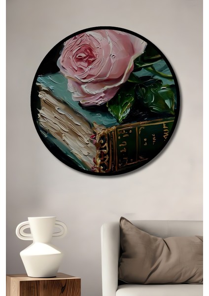 Pembe Gül ve Eski Kitap Yağlı Boya Görünümlü Ahşap Dekoratif Tablo Yuvarlak Tablo fiyatları