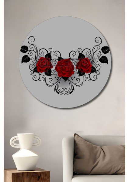Kırmızı Gül Bahçesi Yağlı Boya Görünümlü Ahşap Dekoratif Tablo Yuvarlak Tablo