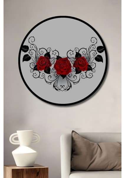 Kırmızı Gül Bahçesi Yağlı Boya Görünümlü Ahşap Dekoratif Tablo Yuvarlak Tablo fiyatları