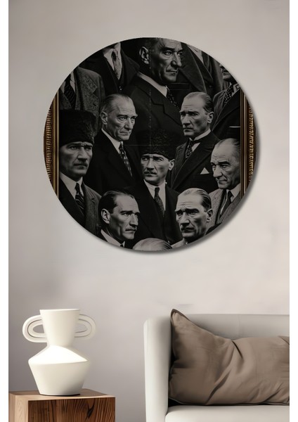 Atatürk Portreleri Kara Kalem Görünümlü Ahşap Dekoratif Tablo Yuvarlak Tablo