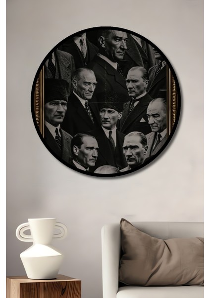 Atatürk Portreleri Kara Kalem Görünümlü Ahşap Dekoratif Tablo Yuvarlak Tablo fiyatları