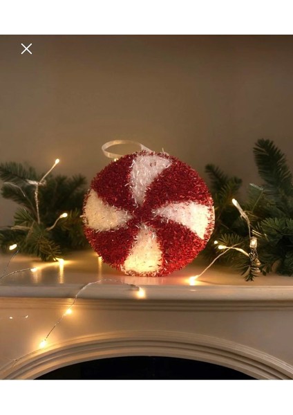 Yılbaşı Ağacı Lolipop Kırmızı Beyaz Yuvarlak Şeker Süs 14 cm