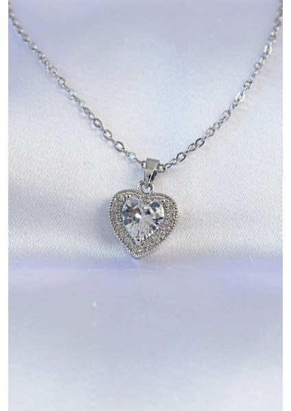 316L Çelik Zincir Gümüş Renk Zirkon Taşlı Charm Kalp Kolye - TJ-BKO8744