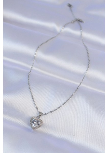 316L Çelik Zincir Gümüş Renk Zirkon Taşlı Charm Kalp Kolye - TJ-BKO8744 fiyatları