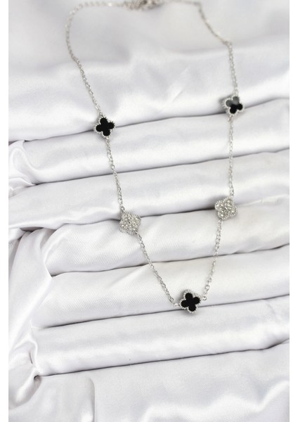 316L Çelik Zincir Gümüş Renk Siyah ve Zirkon Taşlı Baby Boy Yonca Kadın Kolye - TJ-BKO10591 fiyatları