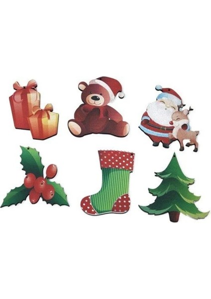 6 Lı Karışık Ahşap Yılbaşı Süsü Büyük Boy 9 cm