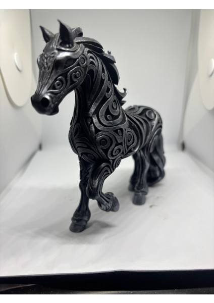 Dekoratif Etnik Desenli At Figürü - El Boyaması Siyah & Gümüş Eskitme