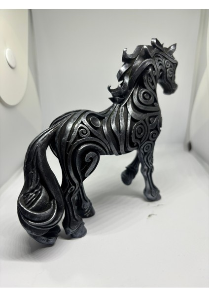 Dekoratif Etnik Desenli At Figürü - El Boyaması Siyah & Gümüş Eskitme