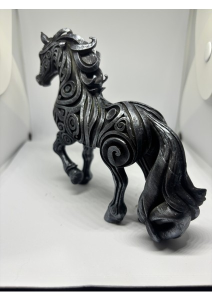 Dekoratif Etnik Desenli At Figürü - El Boyaması Siyah & Gümüş Eskitme