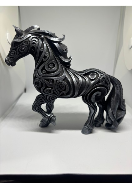 Dekoratif Etnik Desenli At Figürü - El Boyaması Siyah & Gümüş Eskitme