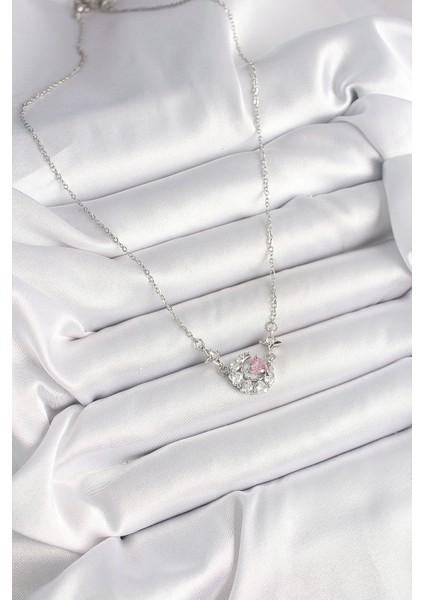 316L Çelik Gümüş Renk Zirkon Taşlı Hilal Pembe Kalp Model Kadın Kolye - TJ-BKO9930 fiyatları