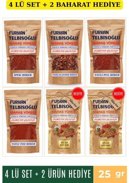 Tatlı Toz Biber 25GR + Tatlı Pul Biber 25GR + Ipek Biber 25GR + Parçalanmış Biber 25GR + 2 Baharat Hediye