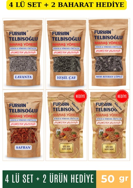 Doğal Lavanta 50GR + Safran (Haspir) 50GR + Yeşil Çay 50GR + Mor Reyhan Dal 50GR+ 2 Baharat Hediye