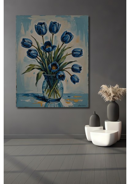 Mavi Lale Yağlı Boya Görünümlü Sanat Ahşap Dekoratif Tablo Dikdörtgen Tablo