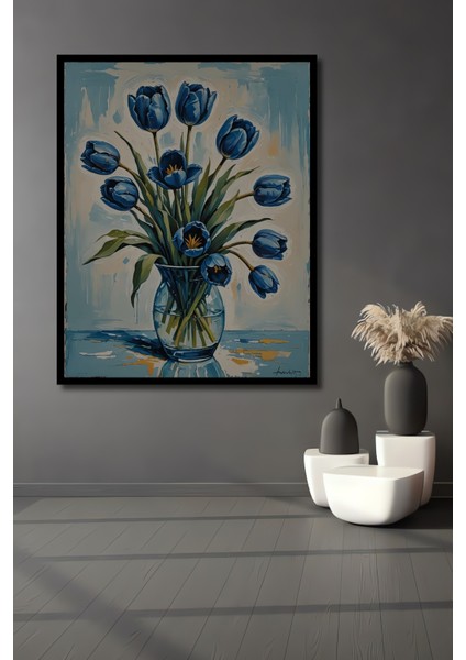 Mavi Lale Yağlı Boya Görünümlü Sanat Ahşap Dekoratif Tablo Dikdörtgen Tablo fiyatları